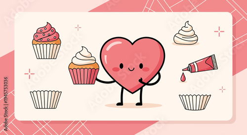 Cute Heart Character Making Cupcakes: Baking, Sweet Treats, Love and Desserts