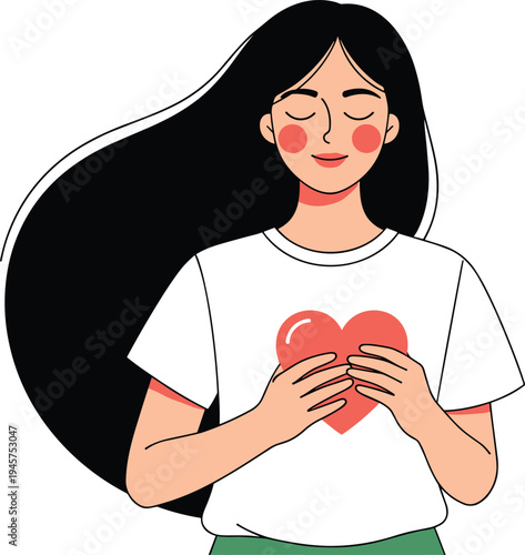 Young woman holding heart symbol on chest, self love and mental health concept vector illustration for wellness and emotional care design