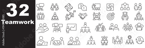 Teamwork and collaboration line icon set. Thin line vector symbols for business, strategy, and success. Includes partnership and leadership icons.