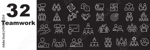 Teamwork and collaboration line icon set. Thin line vector symbols for business, strategy, and success. Includes partnership and leadership icons.