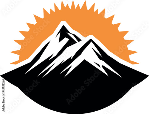 Mountain Peak Logo Vector Art with Orange Sunburst Background Scalable EPS Illustrator Graphic