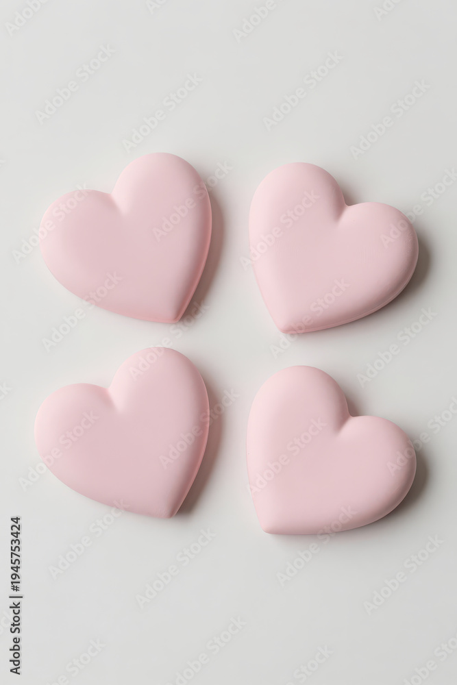 Obraz premium Four Soft Pink Heart Shapes Arranged in a Square Pattern on Light Gray Background Minimalist Flat Design Suitable for Love Valentine Wellness or Affection Themed Projects