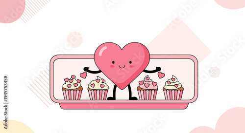 Cute Heart Character Holding Sweet Cupcakes with Love Hearts