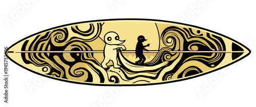 Retro surfboard illustration with abstract wave patterns and surfer characters in vintage monochrome style, perfect for surf culture graphics, beach designs, stickers and posters.