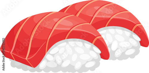 Sushi nigiri with two delicious pieces of fresh tuna fish slices served over perfectly seasoned rice on a clean white background