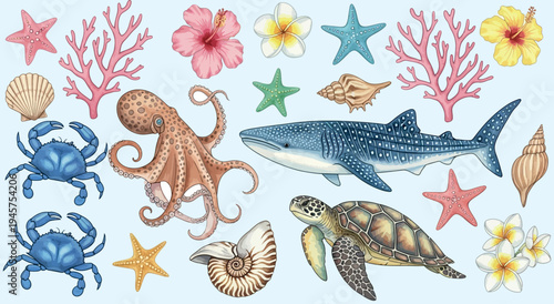 Vibrant Vector Drawing Collection of Summer Marine Life and Tropical Flora, Hand-Drawn Underwater Ocean Creatures, Exotic Flowers, and Coral Reef Illustration Set