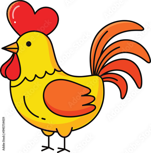 Cute cartoon rooster illustration with bright yellow and orange feathers, farm chicken character vector design for agriculture and kids themes