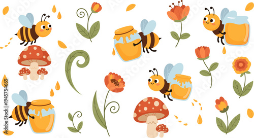 Cute Cartoon Bees Carrying Honey Jars with Flowers, Mushrooms, Leaves, and Honey Drops Sweet Nature Beekeeping Vector Illustration Set