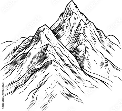 Detailed Hand Drawn Mountain Range Vector Illustration - Scalable Black and White Peak Line Art EPS