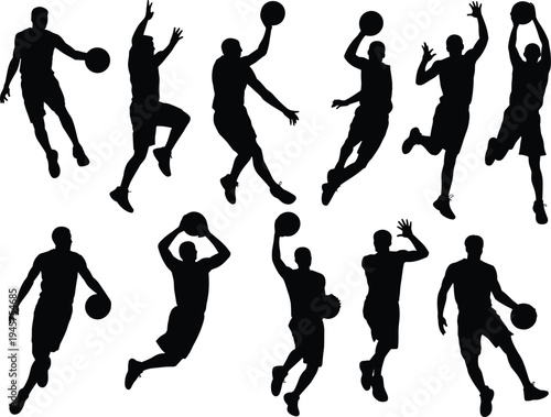 Basketball player silhouettes collection, sports vector art, athletic motion outline, dribbling shooting dunking passing design, dynamic action graphic illustration