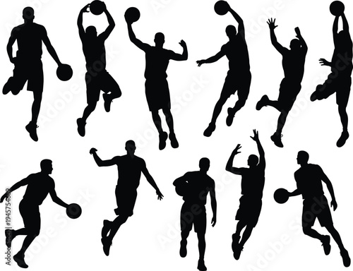 Basketball player silhouettes collection, sports vector art, athletic motion outline, dribbling shooting dunking design, dynamic action graphic, team sport illustration