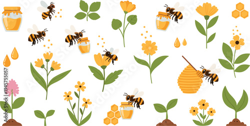 Cute Cartoon Bees Collecting Honey from Flowers with Honey Jars, Beehive, Honeycomb, Leaves, and Garden Plants Sweet Nature Vector Illustration Set