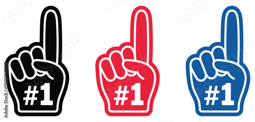 Foam finger hand icon showing number one gesture, representing sports fans, team support, cheering, and fan enthusiasm in flat vector design for events, games, and fan merchandise graphics.
