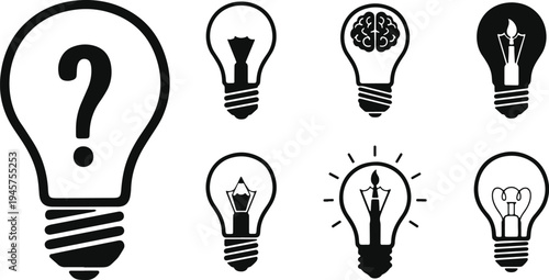 Illustrations of lightbulbs symbolizing ideas, creativity, and brainstorming concepts