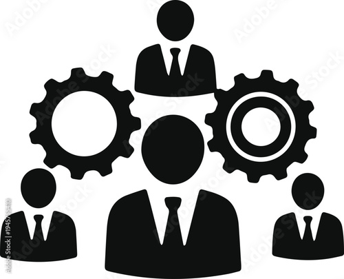 Hierarchical teamwork illustrated with gears and figures representing collaboration and coordination