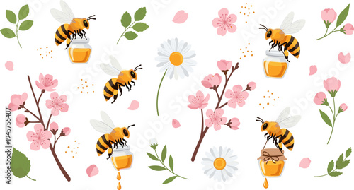 Cute Cartoon Bees Collecting Honey with Spring Flowers, Cherry Blossoms, Daisies, Leaves, and Honey Jars Sweet Pollination Vector Illustration Set