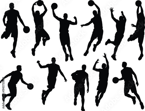 PrinBasketball player silhouettes collection, sports vector art, athletic motion outline, dribbling shooting passing dunking design, dynamic action graphic illustration