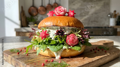 A large vegetable burger is placed on a wooden board in a bright kitchen. Fresh greens, creamy sauce, and flower-shaped radish are on top, creating a vibrant display.