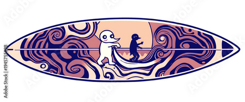 Retro surfboard illustration with abstract wave patterns and surfer characters in vintage style, perfect for surf culture graphics, beach themed designs, stickers and posters.