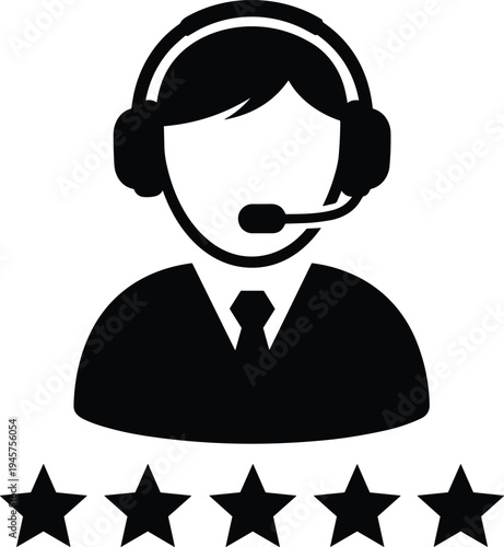 Customer service support operator silhouette set cad drawing flat vector illustration featuring call center agent with headset and five stars isolated.
