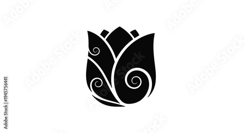 Elegant Stylized Black Flower Icon with Ornate Swirls, Modern Floral Graphic Design Aesthetic