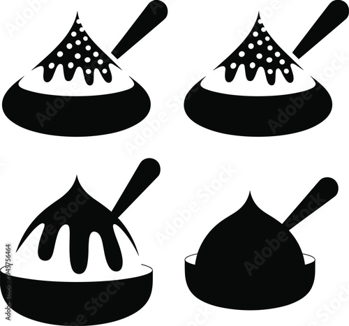 Chocolate dessert icon, sweet topping bowl, dripping syrup illustration, spoon stirring cocoa cream, minimalist black vector food symbol isolated graphic