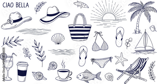 Summer beach vacation lifestyle element set cad drawing flat vector illustration featuring sun hats palm tree bikini and seaside icons isolated.