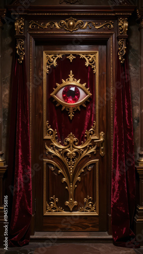 Ornate Wooden Door with Gold Filigree and a Central Red Gemstone Eye Symbol Flanked by Velvet Curtains in Luxurious Gothic Style for Fantasy or Mystery Themed Interior Design