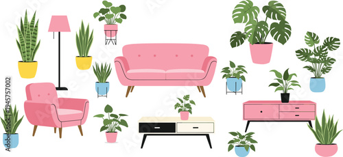 Modern living room interior with pink sofa, armchair and houseplants, cozy home decor furniture vector illustration set