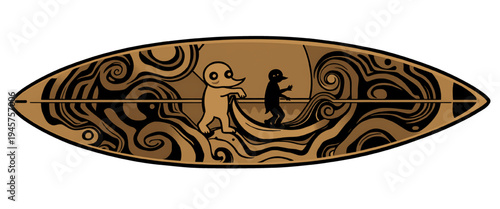 Vintage surfboard illustration with abstract wave patterns and surfer characters in retro style, ideal for surf culture graphics, beach themed designs, stickers, apparel and posters.