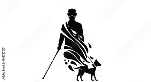 Dynamic silhouette of visually impaired person with guide dog, flowing with support and independence