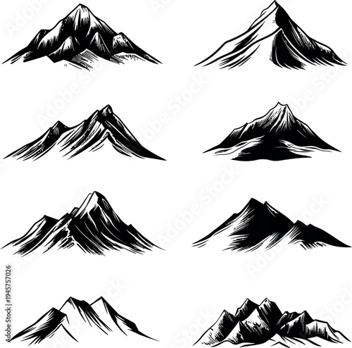 Set of Hand Drawn Mountain Peak Vector Illustrations, Minimalist Black and White Scalable EPS Art