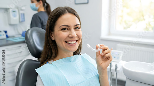 A smiling woman holds a clear dental aligner while sitting in a dentist's chair during a checkup
