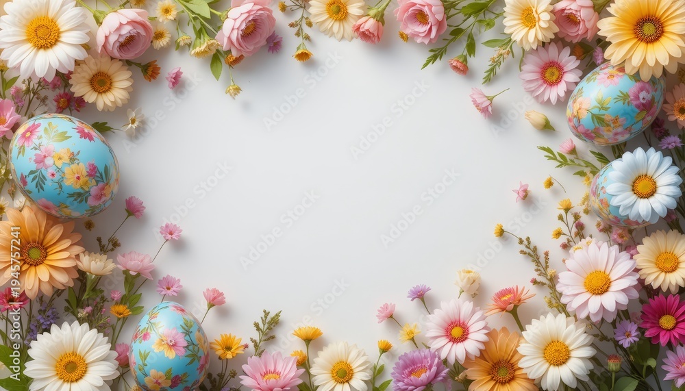 Fototapeta premium Colorful spring floral frame with decorated Easter eggs on a white background