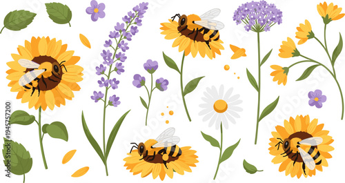 Cute Cartoon Bees Pollinating Sunflowers and Lavender Flowers with Leaves, Petals, and Blooming Garden Plants Spring Nature Vector Illustration Set