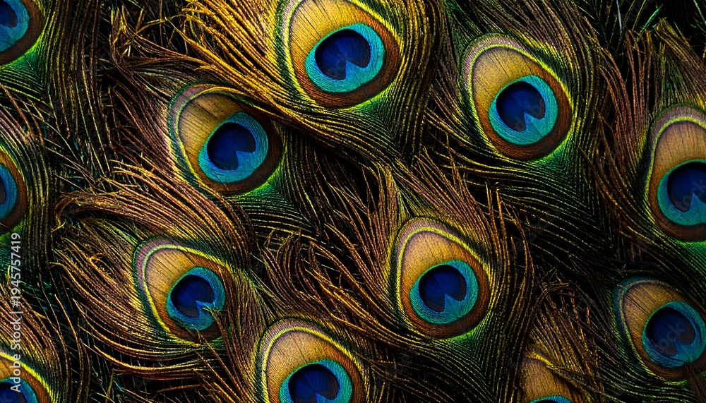 Obraz premium Close-up of iridescent peacock feathers with distinctive eye patterns