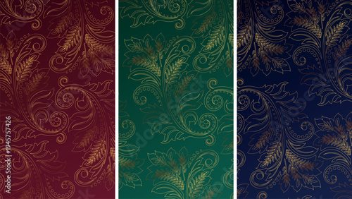 Luxury Gold Baroque Floral Seamless Patterns Set on Dark Burgundy Emerald and Navy Backgrounds