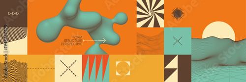 Flowing liquid amorphous graphic element. Mountain peak. Striped landscape background. Grid. Sunset. Optical illusion. Illustration for poster, cover, brochure, card, presentation, flyer or banner.