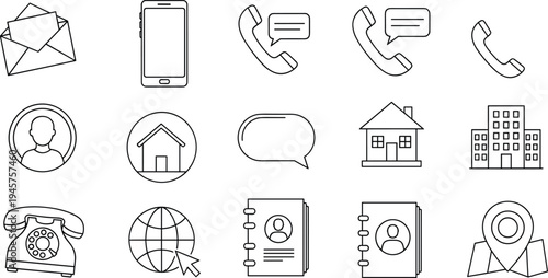 Communication and Contact Line Icon Set with Phone Email Address Book Map Location Home and Chat Symbols Vector Outline Illustration