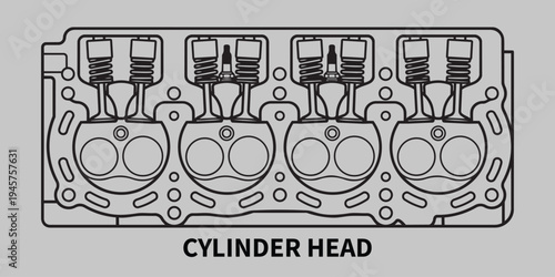 Cylinder Head Cross Section - Technical Profile View with Visible Valves, Automotive Engine Vector Line Art