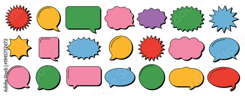 Funky outlined speech bubbles with explosion effect, doodle comic dialog frames in playful vector style, perfect for cartoons, comics, social media graphics, messaging apps, and fun illustration 