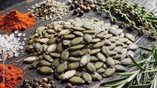Variety of spices herbs and seeds arranged on a wooden board