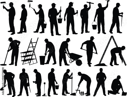Construction worker silhouettes collection, painters and builders using tools and ladders, industrial maintenance labor concept, handyman workforce vector illustration set