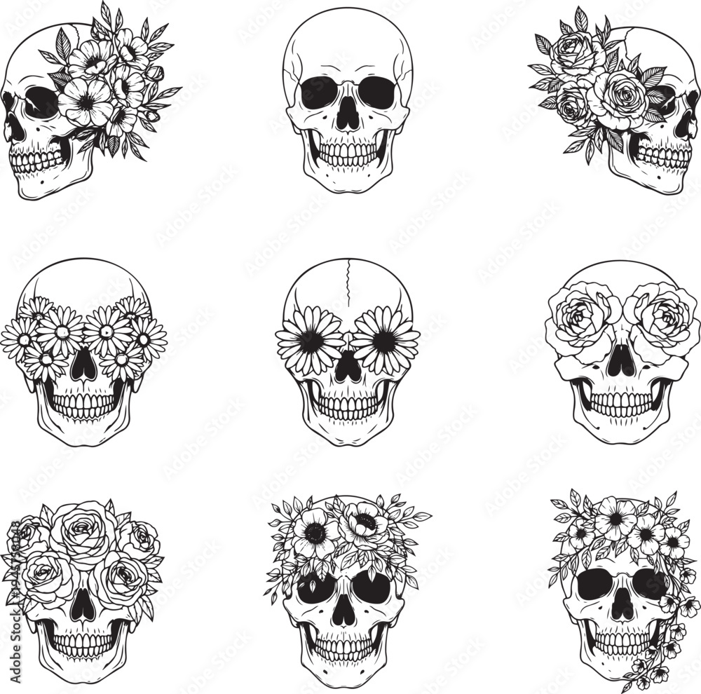 Fototapeta premium Set of skulls with flowers black Outline Vector. Collection of human skull portrait with floral wreath. Vector illustration isolated on white background