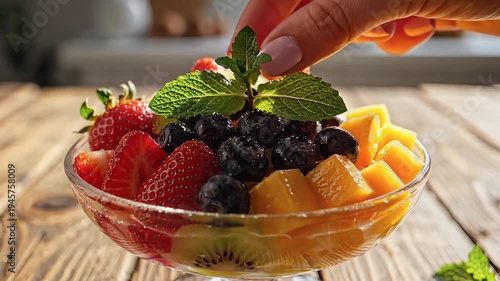 Vibrant fruit salad bowl on wooden table fresh berries and tropical slices