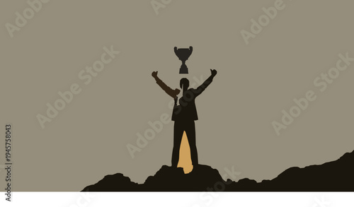 Silhouette of businessman holding trophy on summit celebrating victory and achievement, top of mountain peak