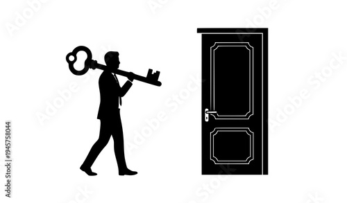 Businessman carrying giant key towards a closed door representing problem solving and opportunity