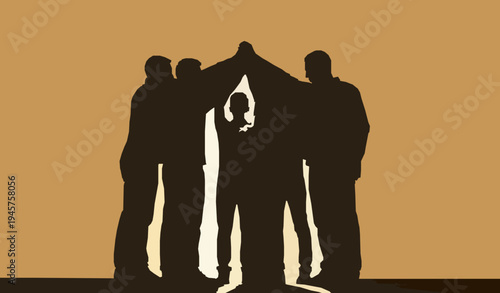 Team supporting leader under roof shape, unity and protection concept, group standing together