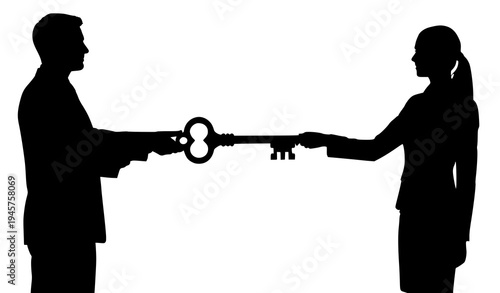 Man and woman silhouette holding large key together on white background