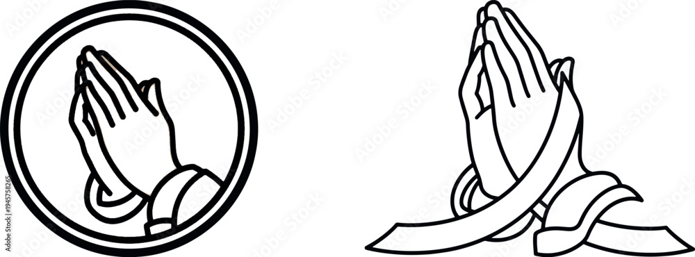 Fototapeta premium Praying hands with ribbon and circular frame, religious hope and spiritual faith vector line art icon set